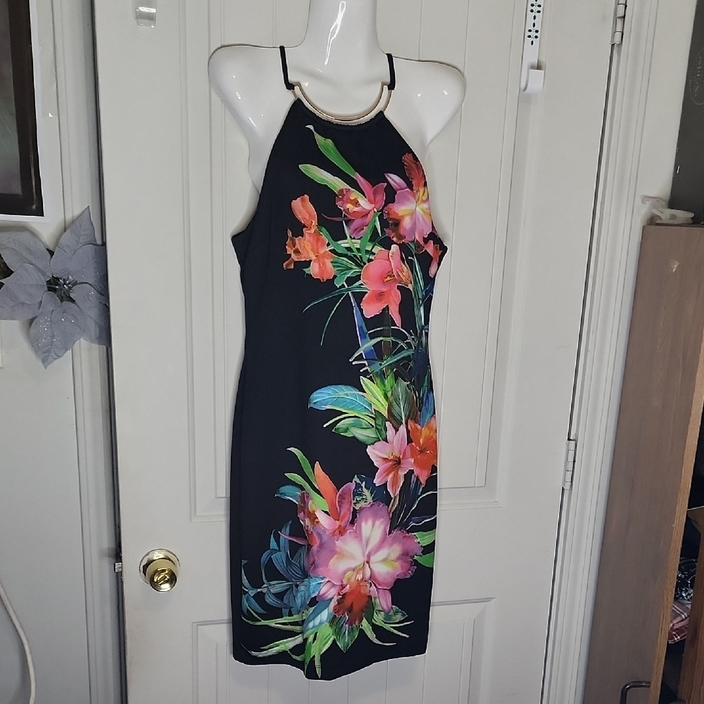 Floral Halter Neck Dress - Black with Multicolor Floral Print